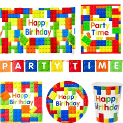 Card Factory Birthday Building Blocks Party Tableware & Decoration Bundle - 16 Guests