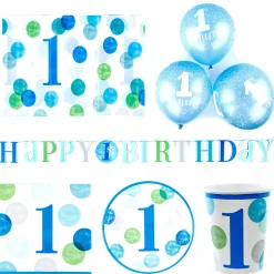 Card Factory Blue 1st Birthday Party Tableware & Decoration Bundle - 16 Guests