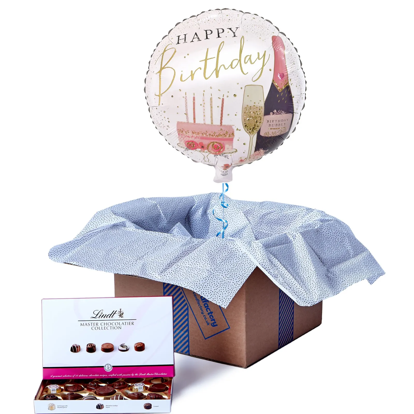 Card Factory Champagne Happy Birthday Balloon & Lindt Chocolates