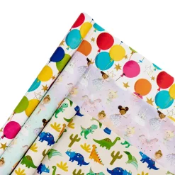 Kids Card Factory Dinosaurs Fairies & Balloons Wrapping Paper Rolls - Multipack of 3
