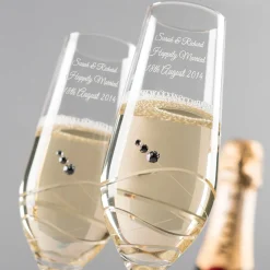 Card Factory Engraved Set Of Two Champagne Flutes Embellished with Crystals - Swirls