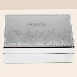 Card Factory Engraved Silver Rectangular Beaded Jewellery Box - Floral design