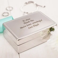 Hot Engraved Silver Rectangular Beaded Jewellery Box Personalised Jewellery And Keepsakes|Personalised Engraved Gifts