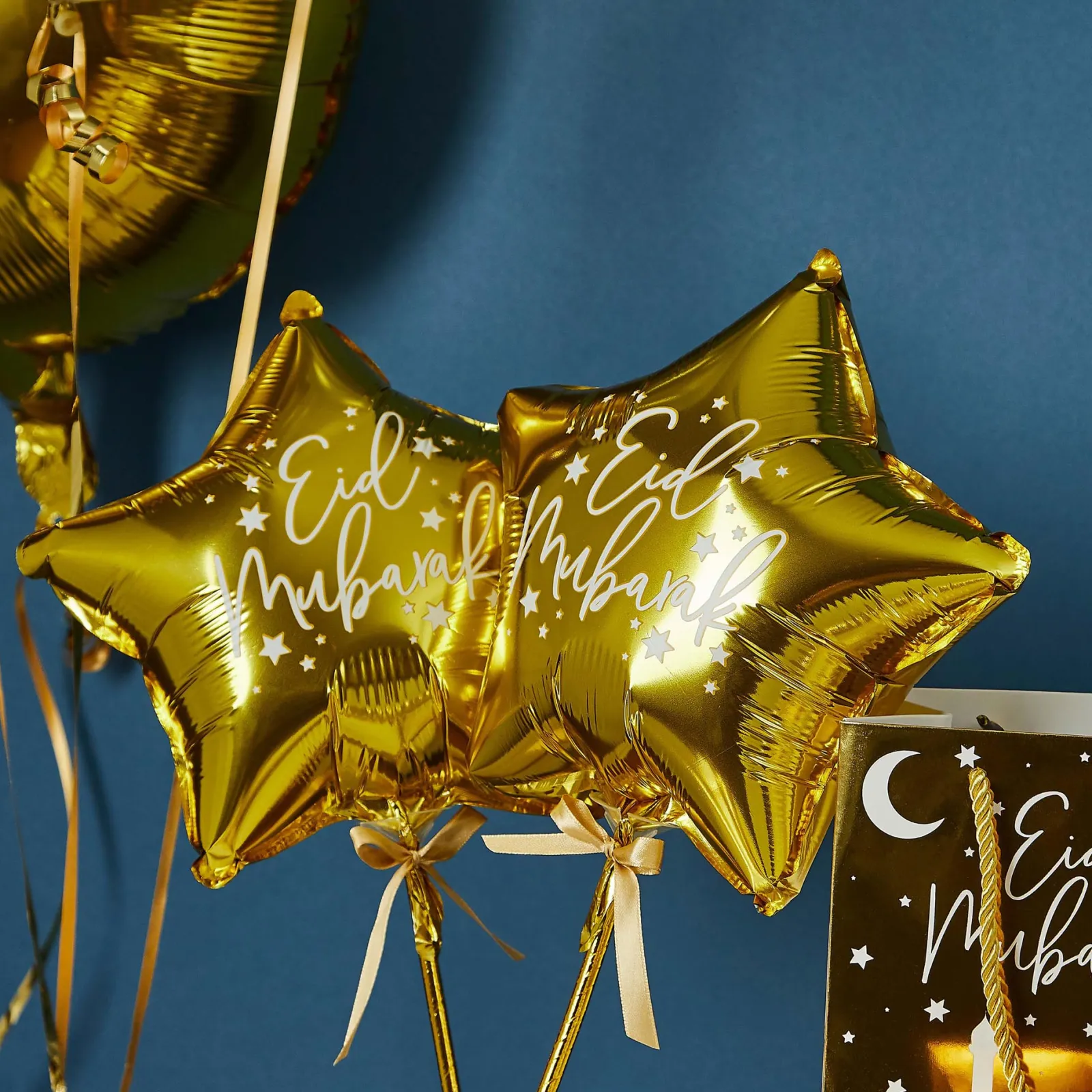 Hot Gold Eid Mubarak Mini Star 9-Inch Foil Balloon Wands - Pack of 5 Kids Bags & Favours|Balloons For Kids