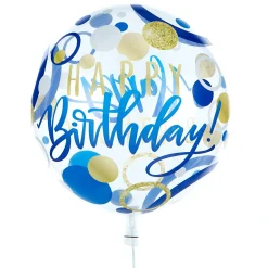 Kids Card Factory 22-Inch Bubble Balloon - Happy Birthday, Blue & Gold Spots - DELIVERED INFLATED!