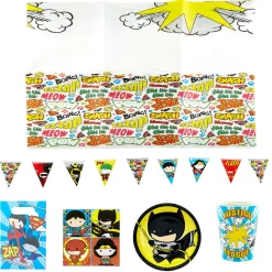 Card Factory Justice League Party Tableware & Decorations Bundle - 16 Guests