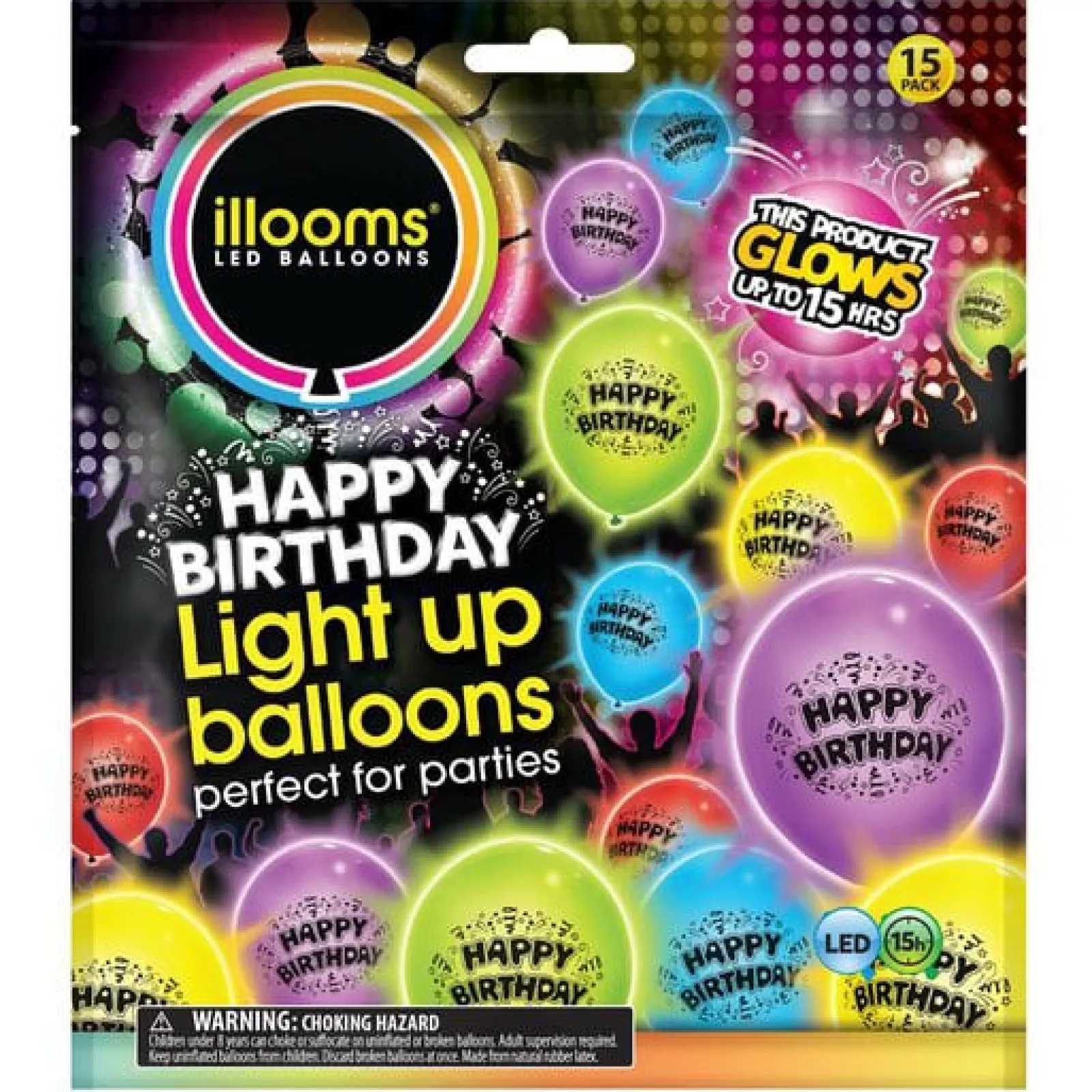 Kids Card Factory Latex Illooms Happy Birthday Light-Up Balloons - Pack of 15