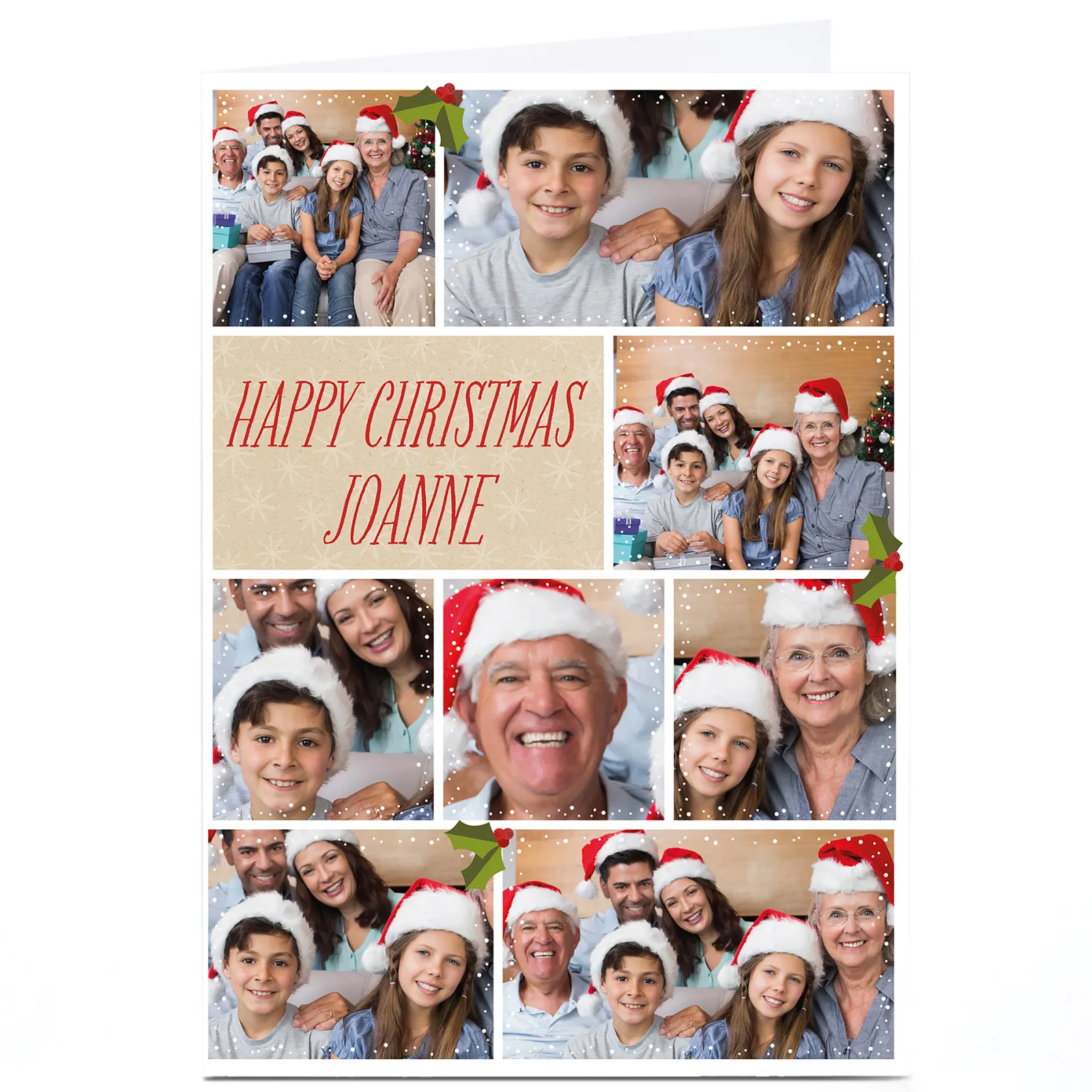 Card Factory Multi Photo Christmas Card - Eight Photos With Holly Berries