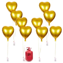 Discount Party Balloon Bundle - 10 Gold Hearts & Helium Hen Party|Anniversary Party