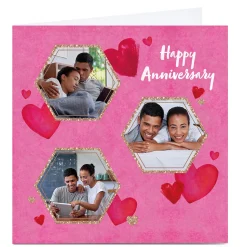 Card Factory Personalised Anniversary Photo Card - Hearts & Glitter Hexagons