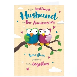 Card Factory Personalised Anniversary Card - Time Flies Owls, Husband
