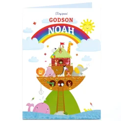 Kids Card Factory Personalised Baby Card - Animal Ark & Rainbow, Special Godson
