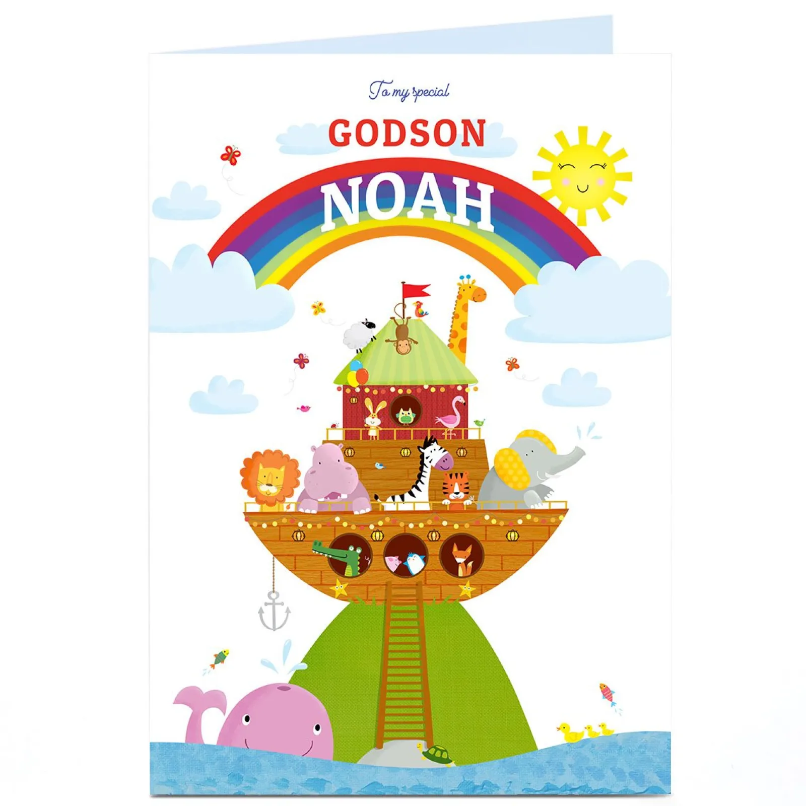 Kids Card Factory Personalised Baby Card - Animal Ark & Rainbow, Special Godson