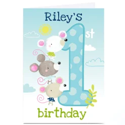 Kids Card Factory Personalised Bev Hopwood 1st Birthday Card - Mice, Blue