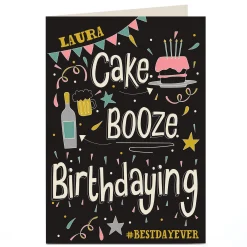 Card Factory Personalised Birthday Card - Cake, Booze, Birthdaying