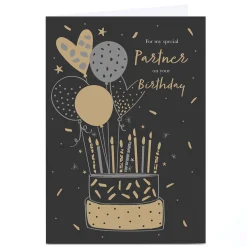 Card Factory Personalised Birthday Card - Black and Gold Cake, Partner