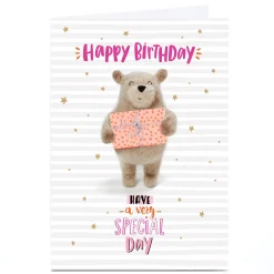 Discount Personalised Birthday Card - Fuzzy Smiling Bear with Present Kids For Sister|For Niece