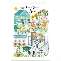 Personalised Birthday Card - Sunny Garden and Greenhouse, Nan Birthday|For Her