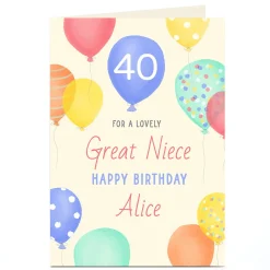Card Factory Personalised Birthday Card - Great Niece Pastel Balloons Editable Age