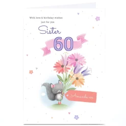 Card Factory Personalised Birthday Card - Squirrel with Flowers Sister, Editable Age