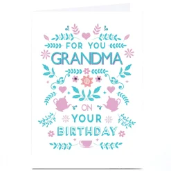 Card Factory Personalised Birthday Card - Grandma Blue Tea Party
