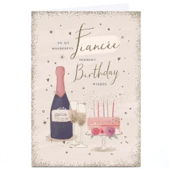 Card Factory Personalised Birthday Card - Sparkle Champagne and Cake, Fiancee