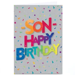 Card Factory Personalised Birthday Card - Bright Multicolour Letters and Confetti, Son