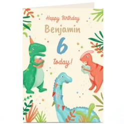 Kids Card Factory Personalised Birthday Card - Dinosaurs with Presents, Editable Age
