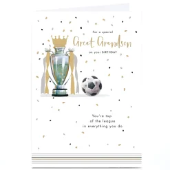 Card Factory Personalised Birthday Card - Top of the League Football Trophy, Great Grandson