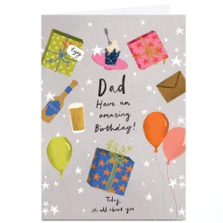 Card Factory Personalised Birthday Card - Presents Balloons and Cake, Dad
