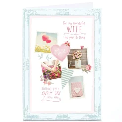 Card Factory Personalised Birthday Card - Rustic Roses Balloons and Hearts, Wife