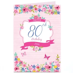 Card Factory Personalised Birthday Card - Flowers & Stripes, Editable Age