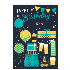 Card Factory Personalised Birthday Card - Booze, Presents & Balloons, Son