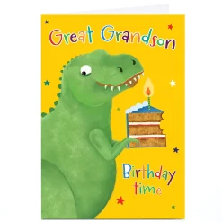 Kids Card Factory Personalised Birthday Card - T-Rex Dinosaur with Cake, Great Grandson