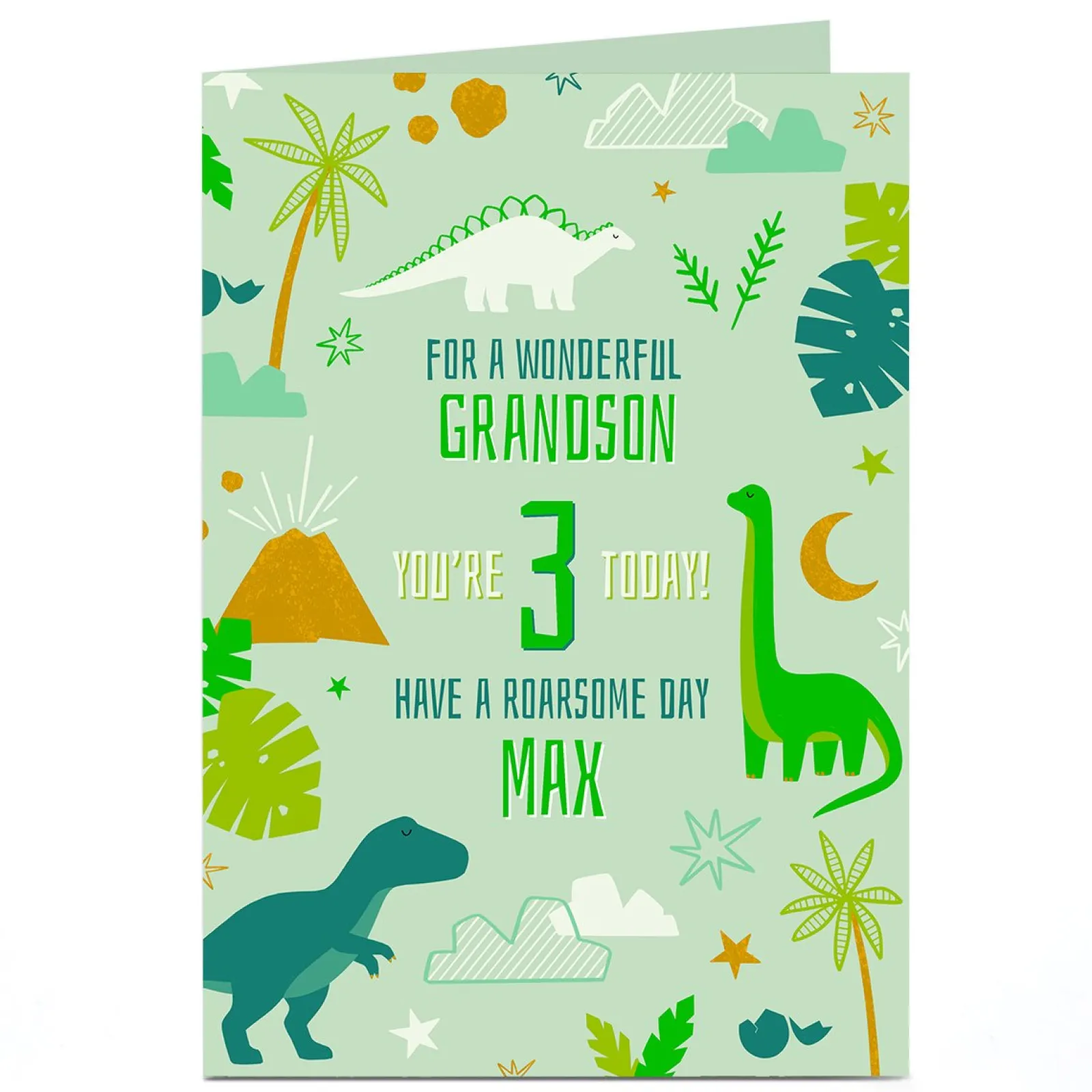 Kids Card Factory Personalised Birthday Card - Roarsome Green Dinosaurs, Grandson