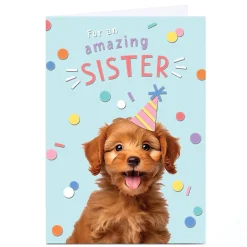 Best Personalised Birthday Card - Puppy in Party Hat, Sister Kids For Sister|For Kids