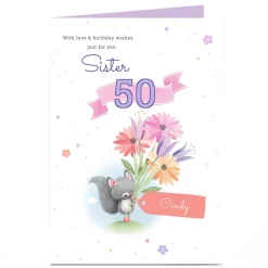 Card Factory Personalised Birthday Card - Sister Love & Wishes Squirrel, Editable Age