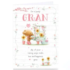 Card Factory Personalised Birthday Card - Cute Bear with Sunflowers Gardening, Gran