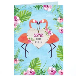Card Factory Personalised Birthday Card - Tropical Flamingos, Sister |