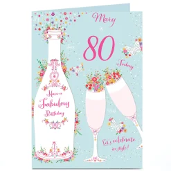 Online Personalised Birthday Card - 80th Floral Champagne Bottle & Flutes For Sister|For Mum