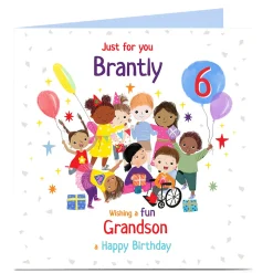 Kids Card Factory Personalised Birthday Card - Children at Party, Grandson, Editable Age