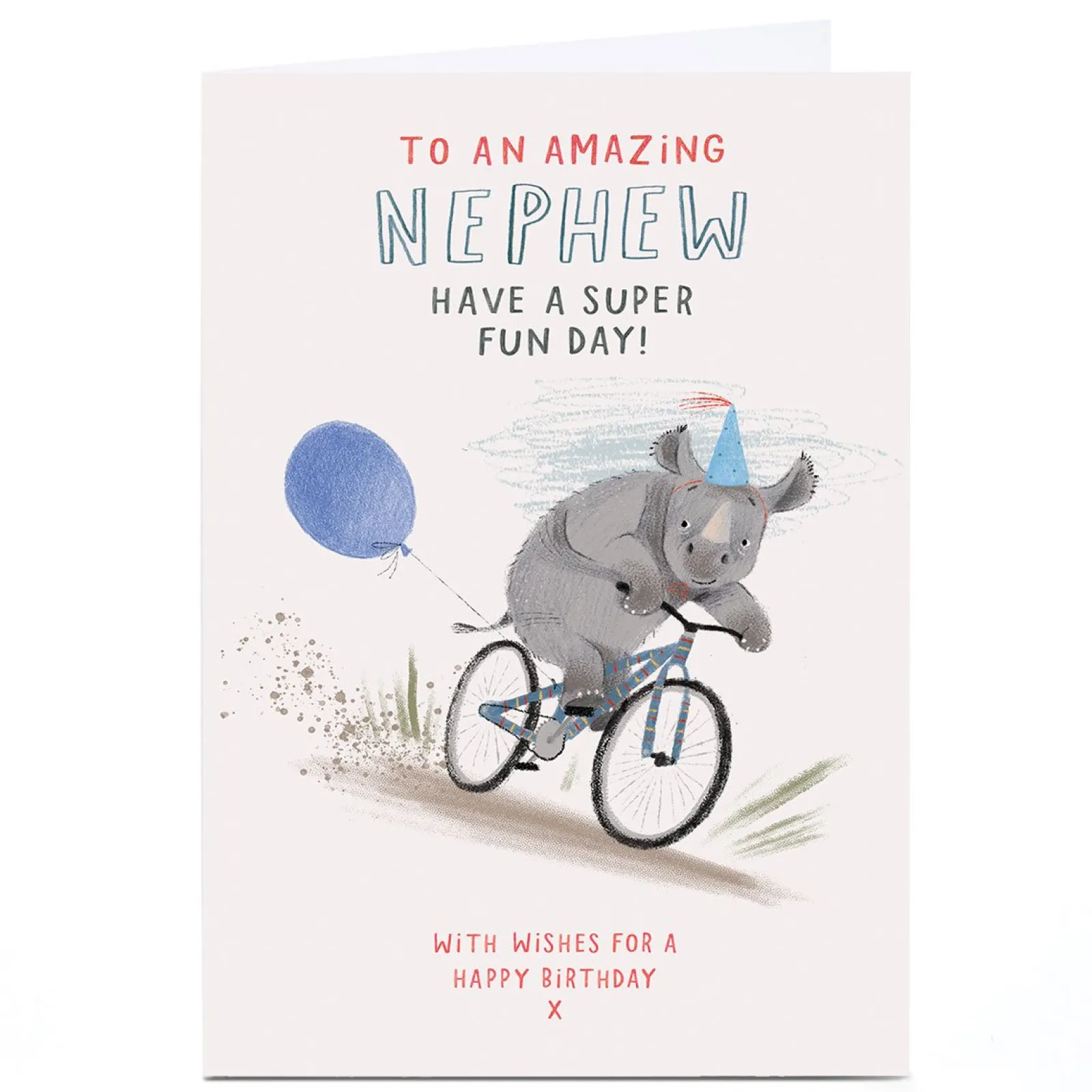 Kids Card Factory Personalised Birthday Card - Rhino Bike Race, Nephew