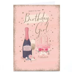 Card Factory Personalised Birthday Card - Sparkle Champagne and Cake, Birthday Girl
