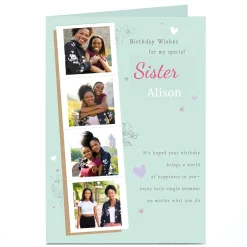 Card Factory Personalised Birthday Photo Card - Teal with 4 Photo Strip - Sister