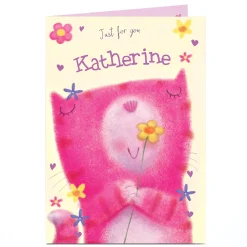 Outlet Personalised Card - Cat With Flower Kids Any Occasion|Thank You