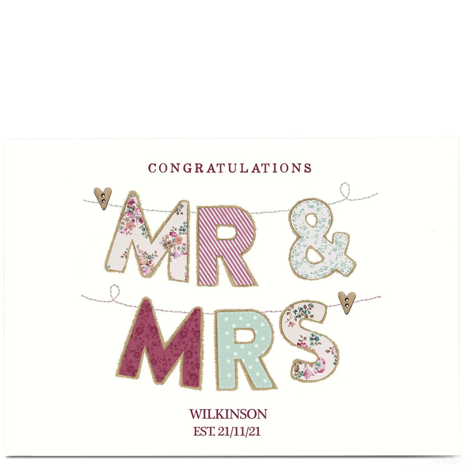 Card Factory Personalised Card - Fabric Mr & Mrs, Washing Line