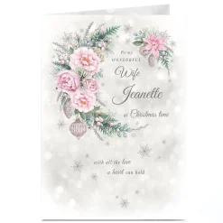 Sale Personalised Christmas Card - Wonderful Wife, Grey, Pink Flowers Christmas
