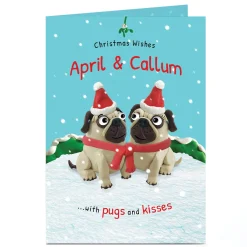 Card Factory Personalised Christmas Card - Pugs and Kisses Any Name