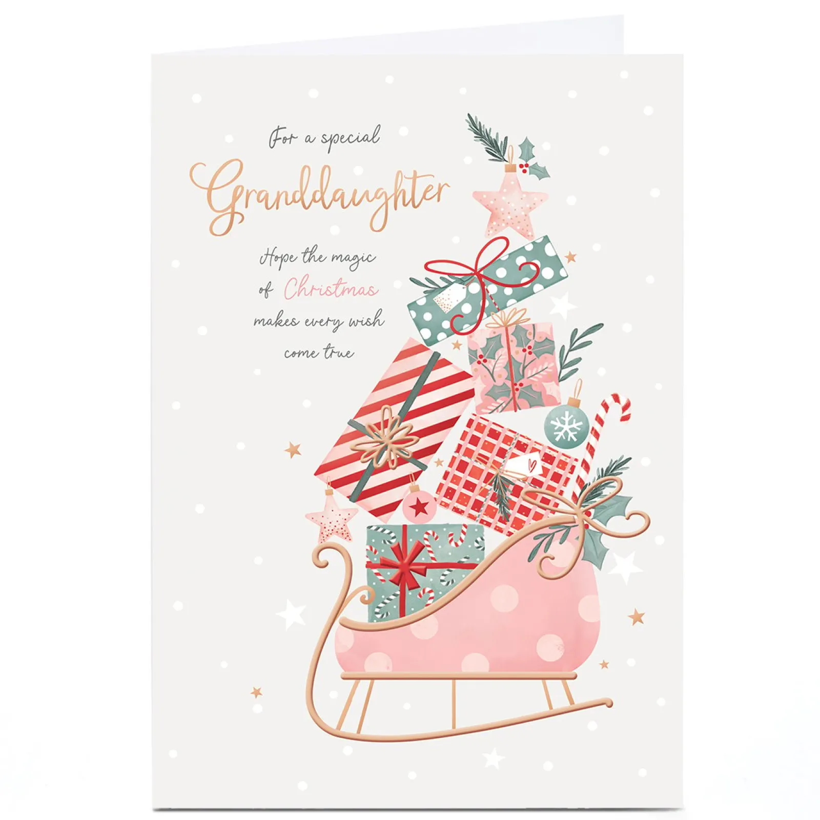 Best Personalised Christmas Card - Pastel Sleigh with Presents, Granddaughter Christmas