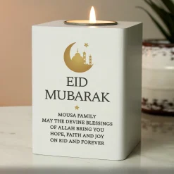 New Personalised Eid & Ramadan White Wooden Tea Light Holder Gifts For Couples|Gifts For Him